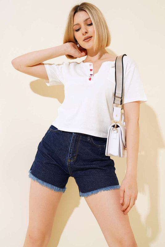 Pileli Paça Püsküllü Kot Şort Koyu Mavi