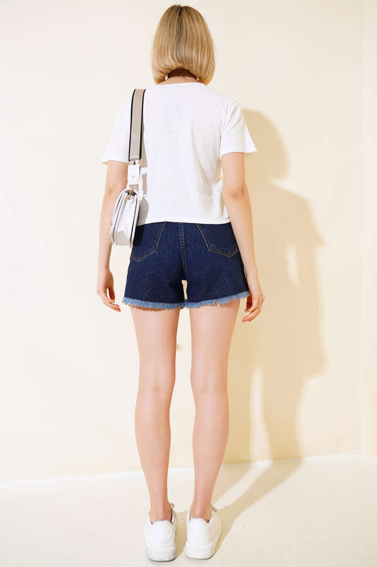 Pileli Paça Püsküllü Kot Şort Koyu Mavi