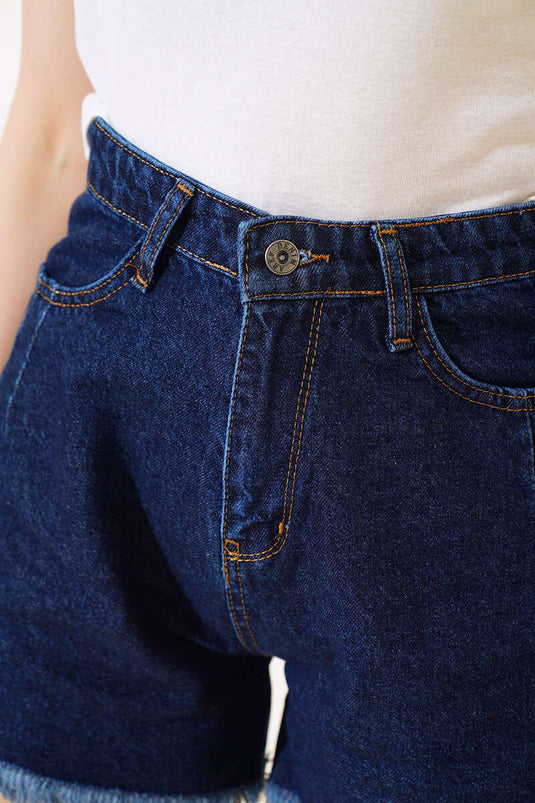 Pileli Paça Püsküllü Kot Şort Koyu Mavi