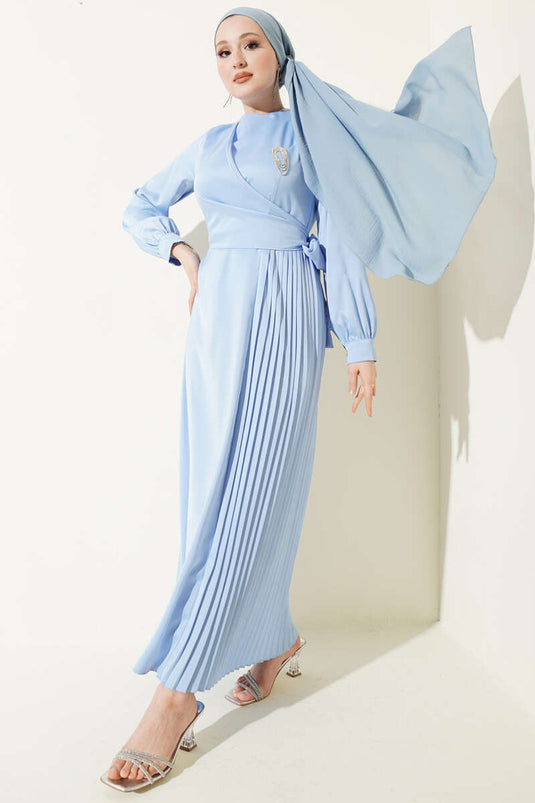 Pleated Side-Tied Satin Evening Dress Baby Blue
