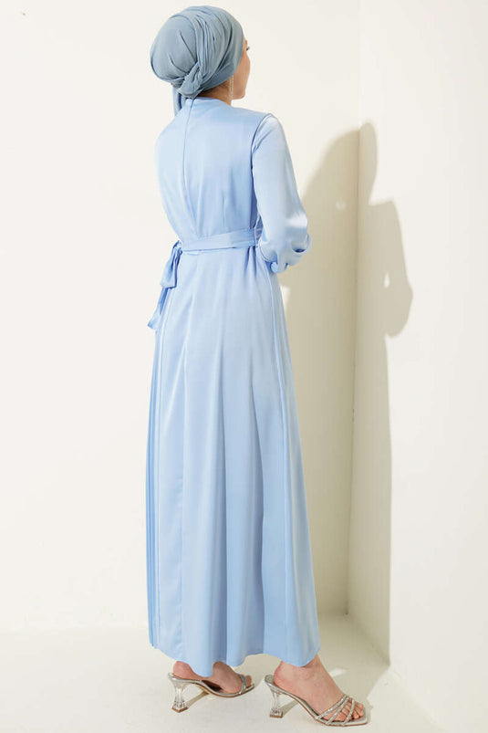 Pleated Side-Tied Satin Evening Dress Baby Blue