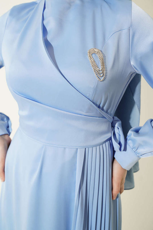 Pleated Side-Tied Satin Evening Dress Baby Blue