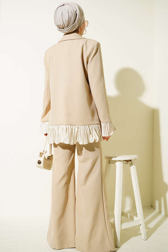 Beige Double Set with Pleated Detail and Wrap Design
