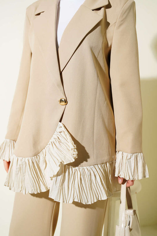 Beige Double Set with Pleated Detail and Wrap Design