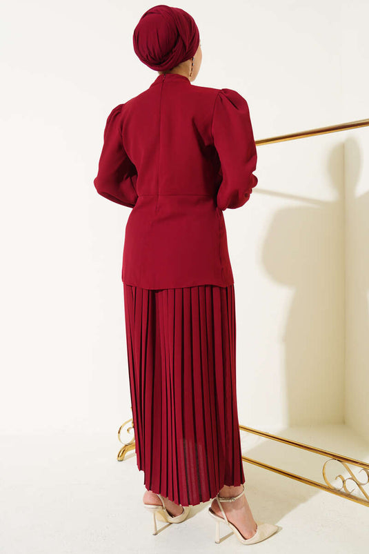 Ensemble deux pièces tunique à jupe plissée rouge bordeaux