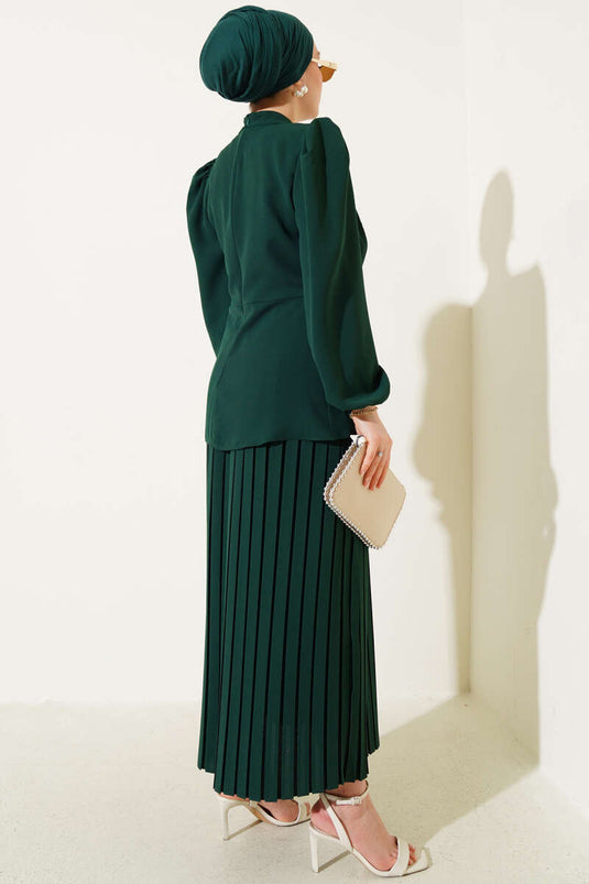 Ensemble deux pièces tunique plissée à jupe émeraude