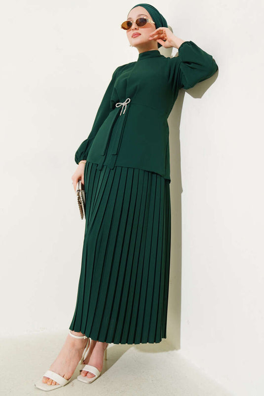 Ensemble deux pièces tunique plissée à jupe émeraude