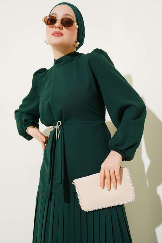 Ensemble deux pièces tunique plissée à jupe émeraude