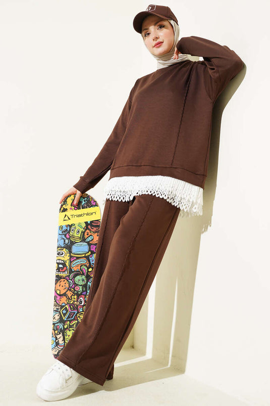 Pleated Yarn-Dyed Set Brown