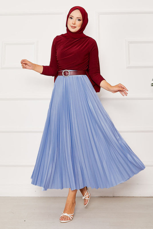 Piliseli Beli Lastikli Etek Açık Mavi