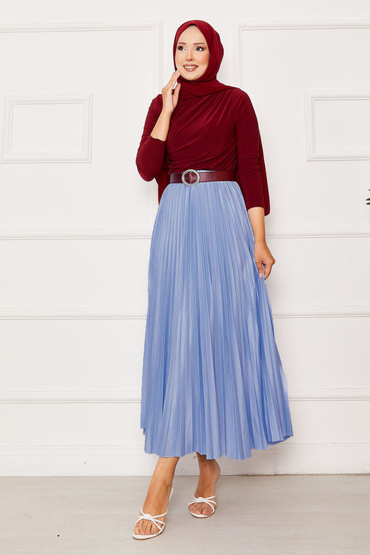 Jupe plissée à taille élastique bleu clair