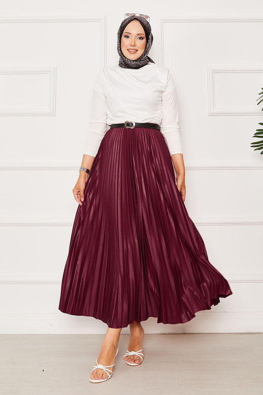 Jupe plissée à taille élastique bordeaux