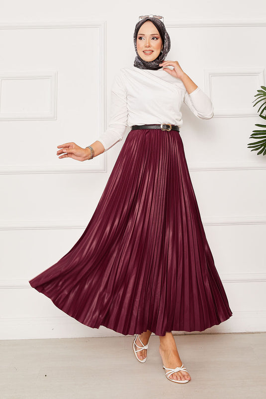 Piliseli Beli Lastikli Etek Bordo