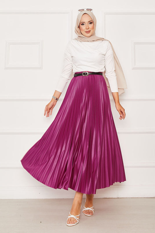 Piliseli Beli Lastikli Etek Fuşya