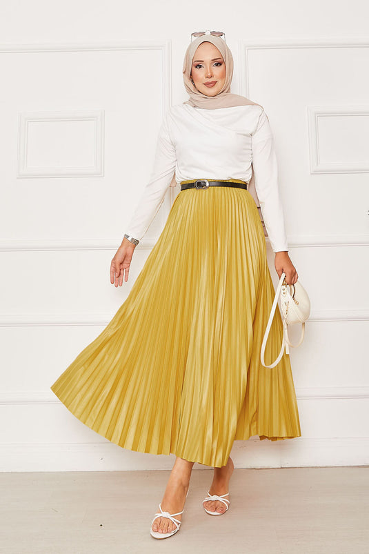Jupe plissée à taille élastique moutarde