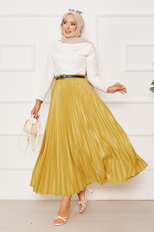 Pleated Elastic Waist Skirt Mustard