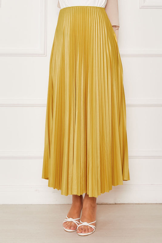 Pleated Elastic Waist Skirt Mustard