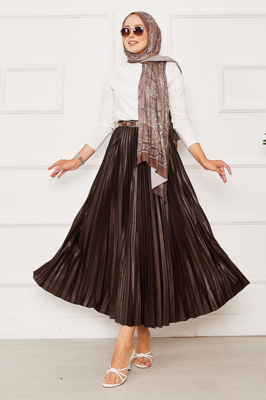 Piliseli Beli Lastikli Etek Kahve