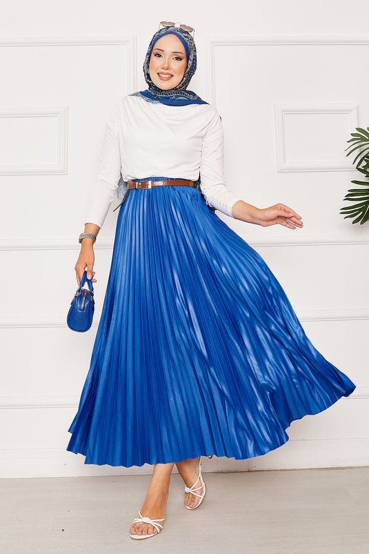 Piliseli Beli Lastikli Etek Mavi