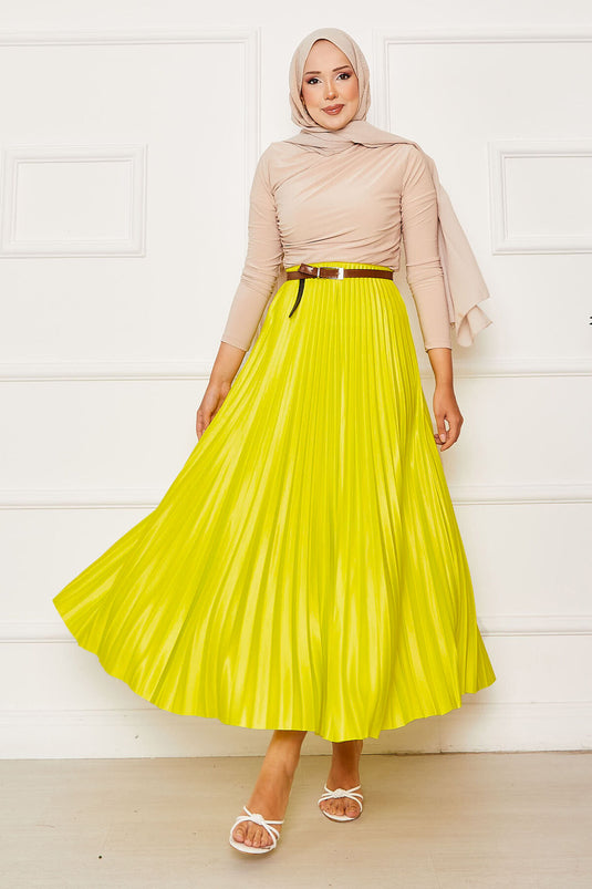 Jupe plissée à taille élastique jaune fluo