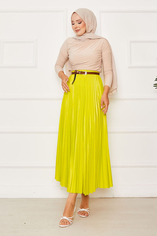 Jupe plissée à taille élastique jaune fluo