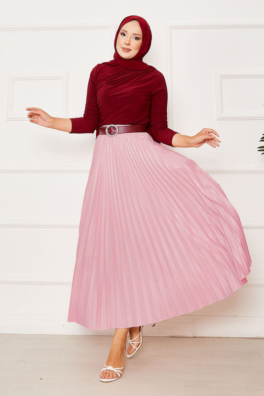 Gonna plissettata con elastico in vita color polvere