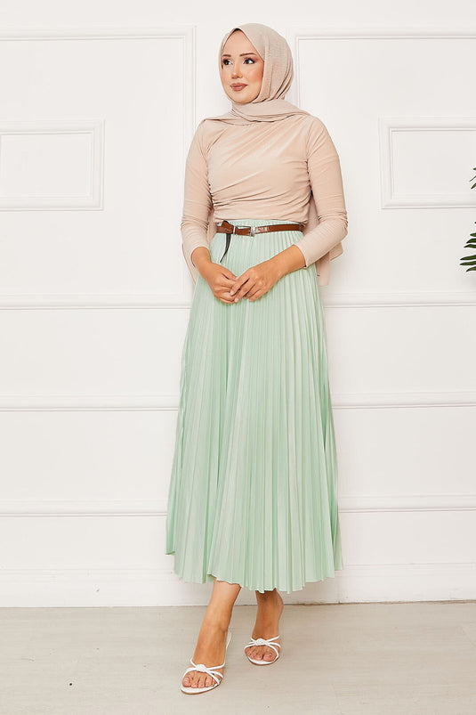 Jupe plissée à taille élastique, vert d'eau