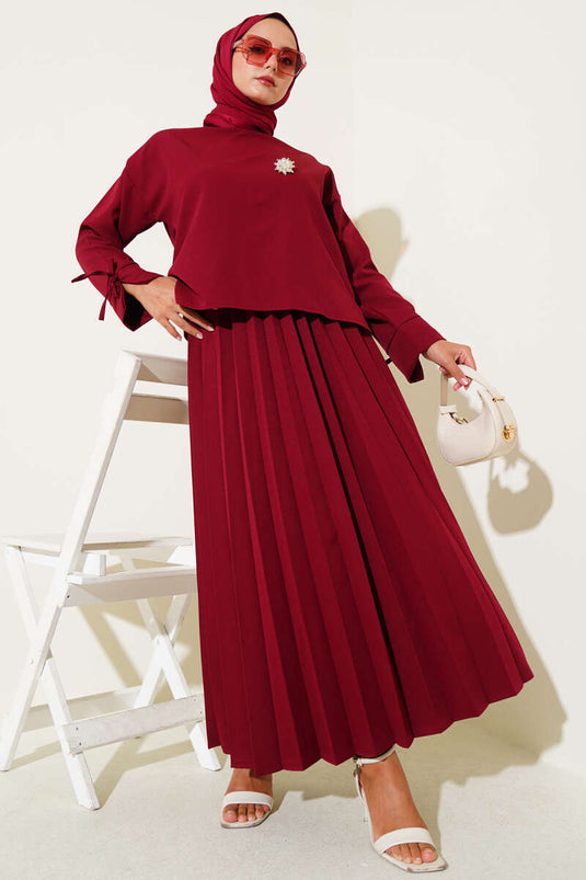 Tailleur jupe double plissée longueur cheville bordeaux