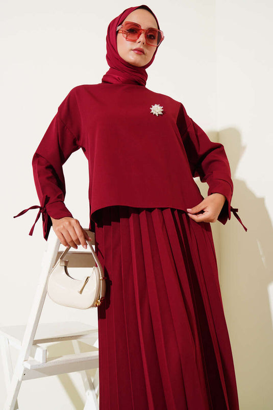 Tailleur jupe double plissée longueur cheville bordeaux