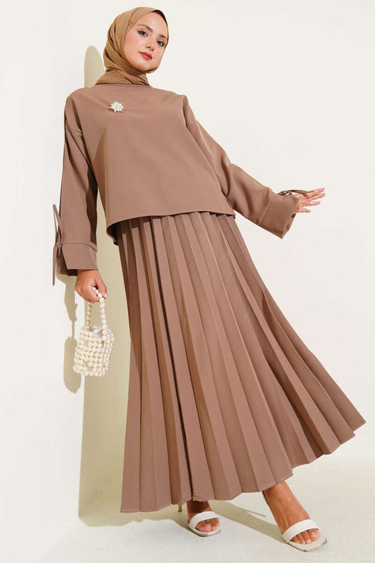 Plissee-Set mit Knöchelstring und Doppelrock Latte