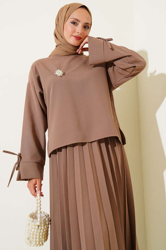 Plissee-Set mit Knöchelstring und Doppelrock Latte