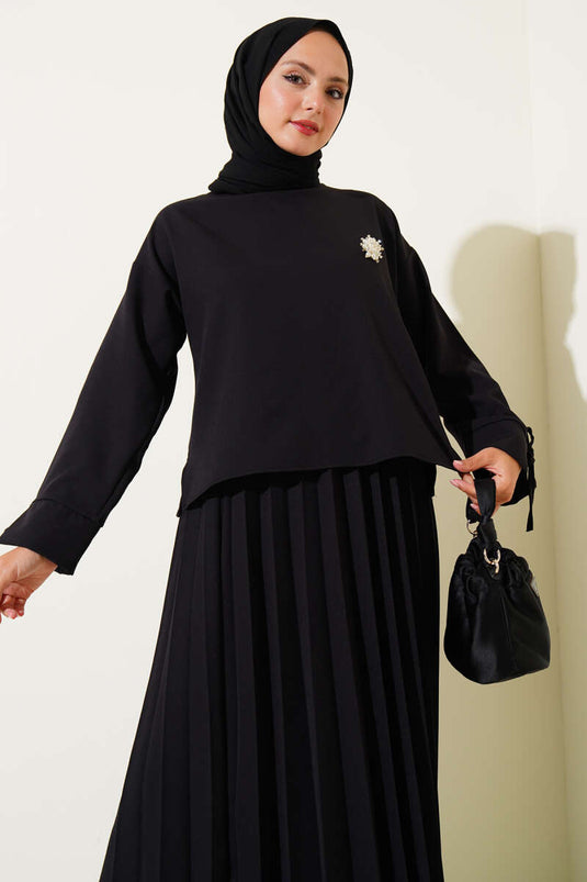 Knöchellanger Faltenanzug mit Doppelrock Schwarz