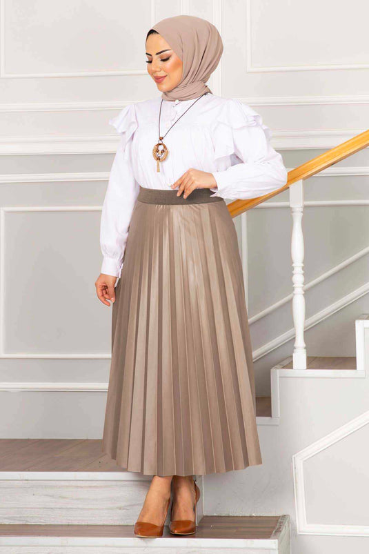 Modest Pleated Skirt With Elastic Waistband In Mink