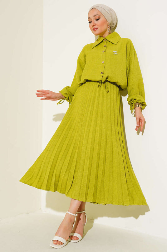 Costume double en lin avec jupe plissée, vert pétrole