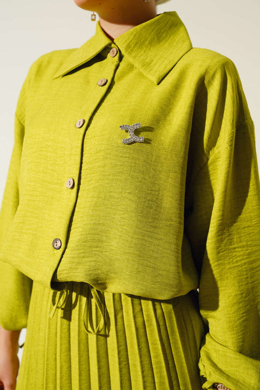 Costume double en lin avec jupe plissée, vert pétrole