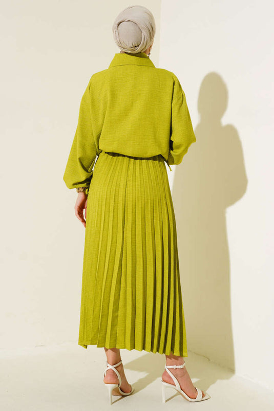 Costume double en lin avec jupe plissée, vert pétrole