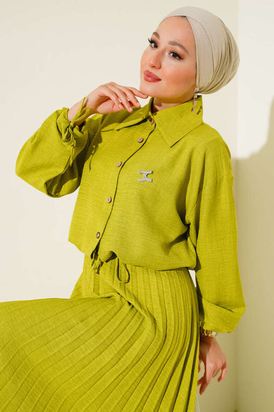 Costume double en lin avec jupe plissée, vert pétrole