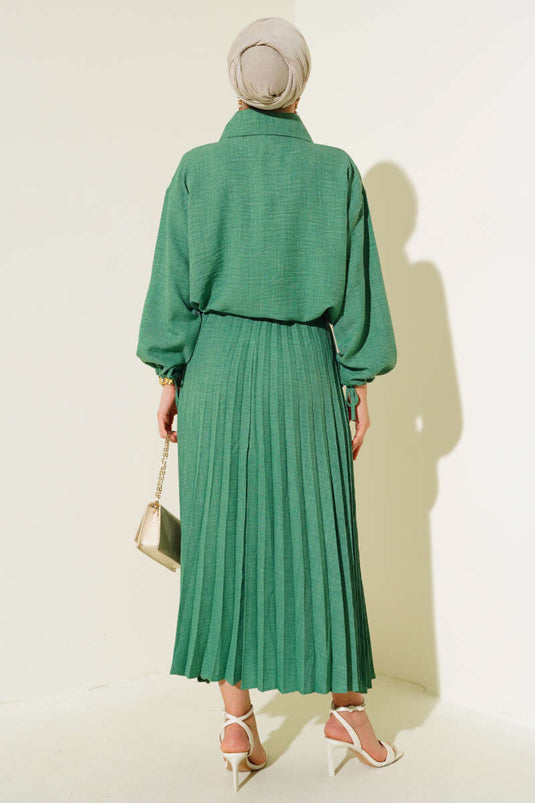 Costume Double En Lin Avec Jupe Plissée Vert