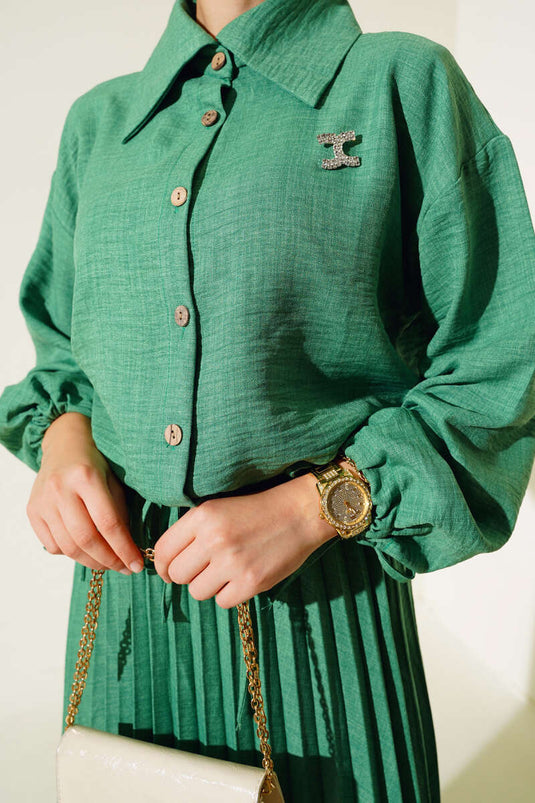 Costume Double En Lin Avec Jupe Plissée Vert