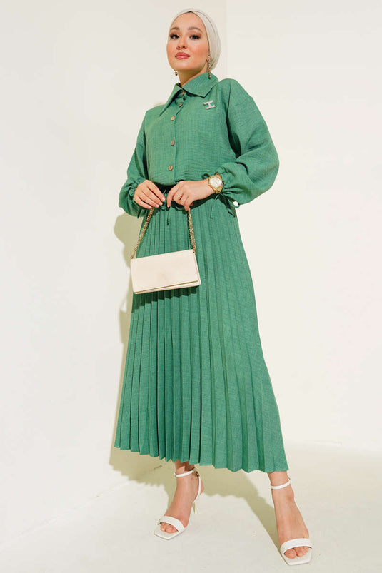 Costume Double En Lin Avec Jupe Plissée Vert