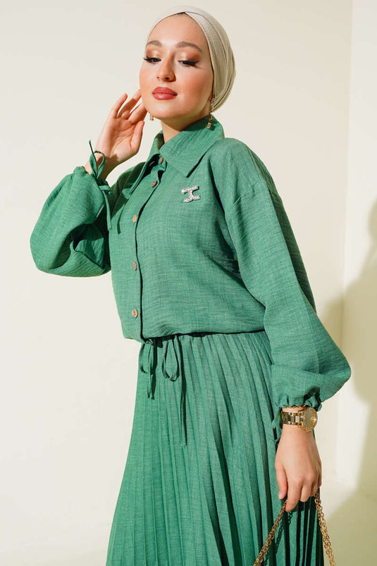 Costume Double En Lin Avec Jupe Plissée Vert