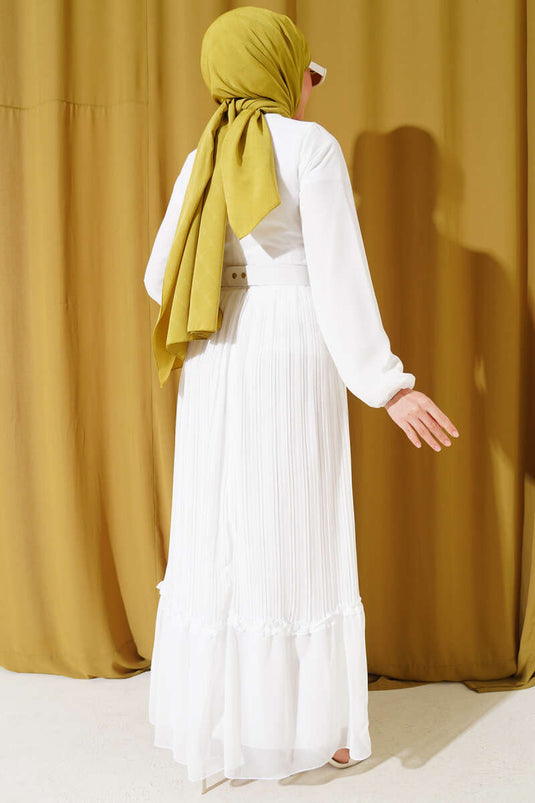 Plissiertes Chiffonkleid mit Rüschen und Gürtel Weiß