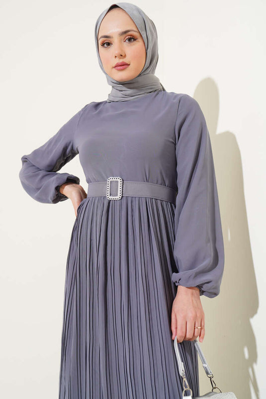 Plissé Rimpel Ceintuur Chiffon Jurk Grijs