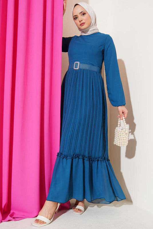 Robe en mousseline plissée à volants et ceinture, pétrole