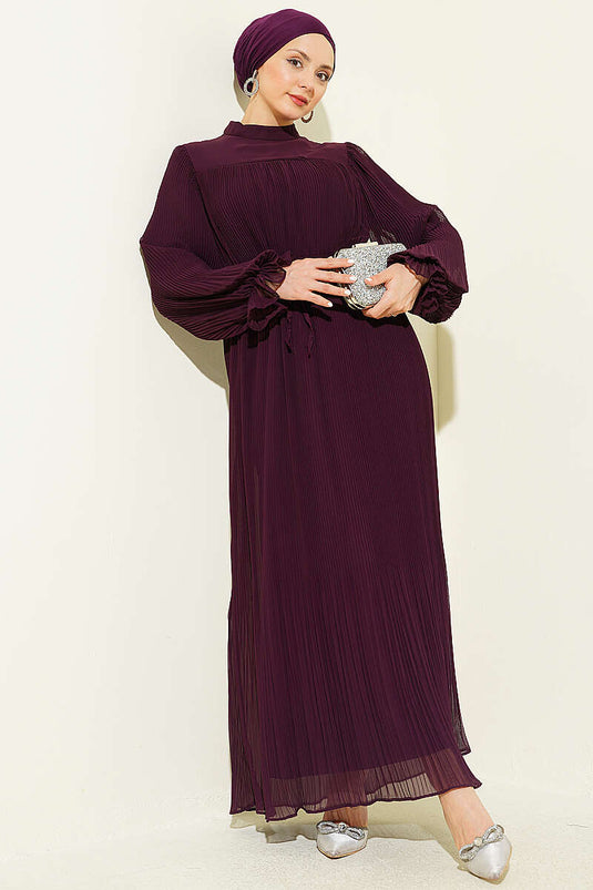 Robe de soirée plissée à cordon bordeaux