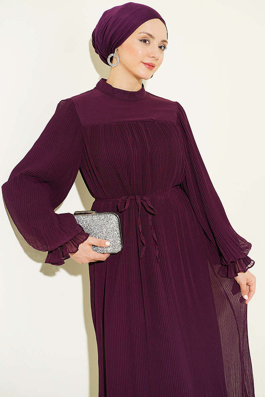 Robe de soirée plissée à cordon bordeaux