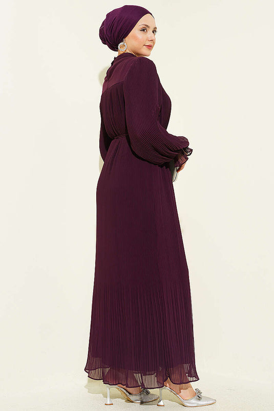Robe de soirée plissée à cordon bordeaux
