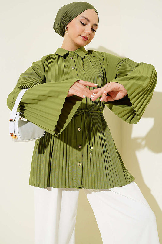 Chemise plissée à ceinture cordon vert avocat