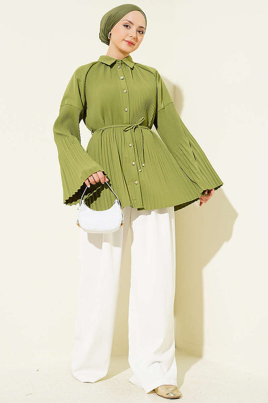 Chemise plissée à ceinture cordon vert avocat