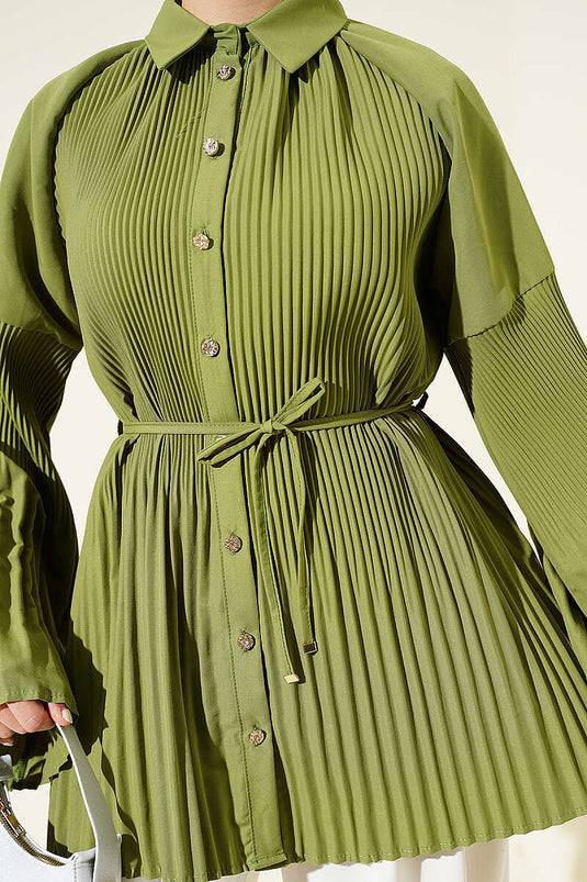 Chemise plissée à ceinture cordon vert avocat